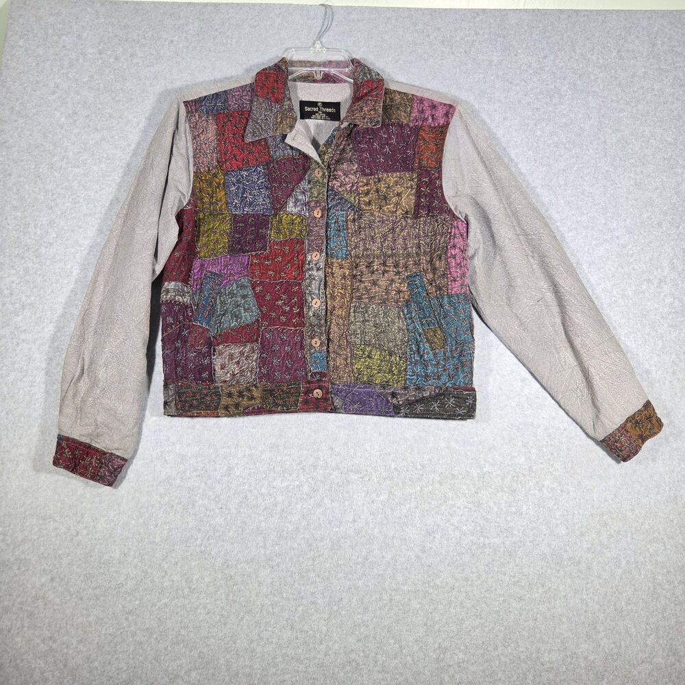 Sacred Threads VTG Boho Patchwork Button Up Jacket Multi Color Shacket Cotton SM